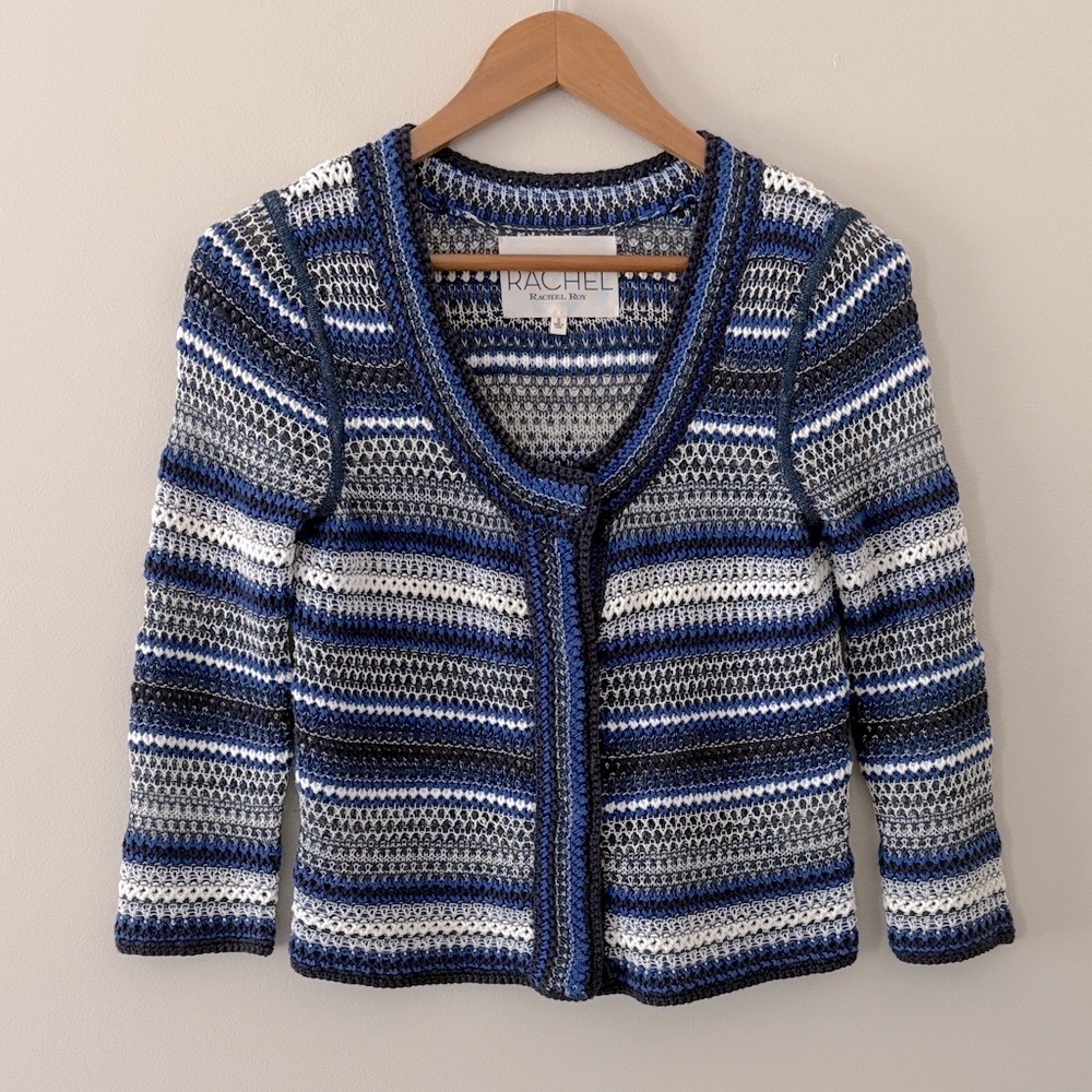 Rachel Rachel Roy‎ Knit Crochet Snap Front Cardigan Blue White 3/4 Sleeve Size S